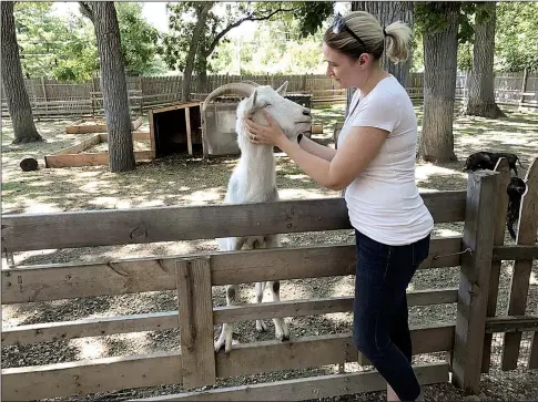  ?? Chicago Tribune/TNS/SHERYL DEVORE ?? Jessica Reedy, co-founder of Animal Quest with her husband, Steve, pets Bart, a goat who lives on the couple’s five-acre property in Antioch, Ill.