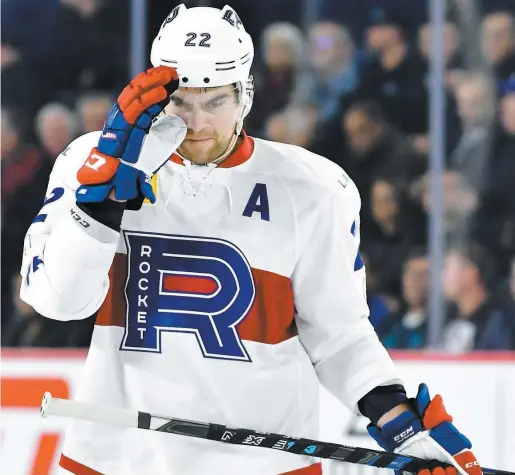  ?? PHOTO MARTIN CHEVALIER ?? Chris Terry a été l’un des deux marqueurs de son équipe dans la défaite du Rocket, hier soir, contre le Moose du Manitoba.