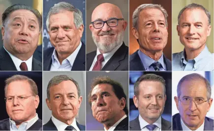  ??  ?? The highest-paid CEOs at big U.S. companies for 2017, as calculated by The Associated Press and Equilar: Top row, from left: Hock E. Tan, Broadcom, $103.2 million; Leslie Moonves, CBS, $68.4 million; W. Nicholas Howley, TransDigm,
$61 million; Jeffrey...