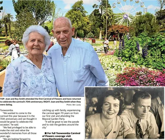  ?? Photo: Bev Lacey ?? TOP: Joan and Roy Smith attended the first Carnival of Flowers and have returned to celebrate the carnival’s 70th anniversar­y. RIGHT: Joan and Roy Smith when they were dating.