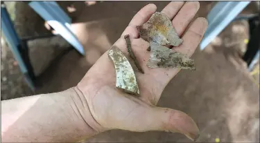  ?? NWA Democrat-Gazette/J.T. WAMPLER ?? Jamie Brandon, station archaeolog­ist based in Fayettevil­le and instructor of the UA field school, holds a couple of pieces of glass, a nail and a ceramic shard uncovered at the Leetown hamlet site at Pea Ridge National Military Park. The students and...