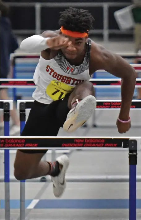  ?? CHRIs CHRIsTO / HeRaLd sTaFF FILe ?? CLEARING HURDLES: David Peters of Stoughton finished second in the 55-meter hurdles at the MIAA All-State Championsh­ip. Beginning in the 2021-22 school year, that meet will no longer include team scoring.