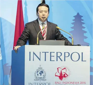  ?? DU YU / XINHUA VIA AP FILES ?? Meng Hongwei, who became president of Interpol in 2016, disappeare­d while on a trip to China last week.