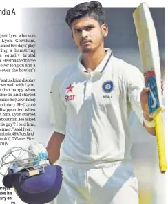  ?? PTI ?? India A’s Shreyas Iyer celebrates his double century on Sunday.