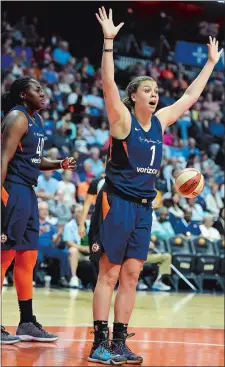  ?? SEAN D. ELLIOT/THE DAY ?? Connecticu­t guard Rachel Banham reacts to being called for a foul during a game against the Washington Mystics on June 13 at Mohegan Sun Arena. Banham provided the Sun with a major spark during Tuesday night’s 73-72 road win over the Los Angeles Sparks, scoring 11 points and adding six assists.