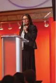  ??  ?? 3. Rep. Deb Haaland (Laguna Pueblo), who represents New Mexico’s 1st congressio­nal district, speaks during the SWAIA gala. Photo by Gabriella Marks.