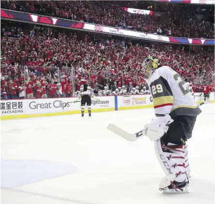  ?? GETTY IMAGES ?? Golden Knights goalie Marc-Andre Fleury looks tired and his team is under siege, but he’ll have to regain his form if Vegas hopes to rebound from three straight losses to the Capitals in the Stanley Cup final.