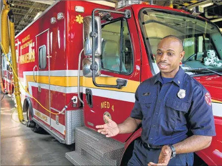  ??  ?? Lt. Jamaal Perry is a paramedic with the Milwaukee Fire Department’s MED Unit 4 at Engine 9, 4141 W. Mill Road.