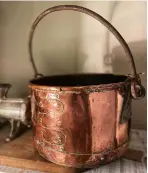  ??  ?? Above: Cooking pot with home repairs, c.1870s, unknown maker Below: Range of copper cookware, c.1870s to 1920s, including three pan sets by Villedieu-les-poêles, and a roasting tin and three jam pans by unknown makers