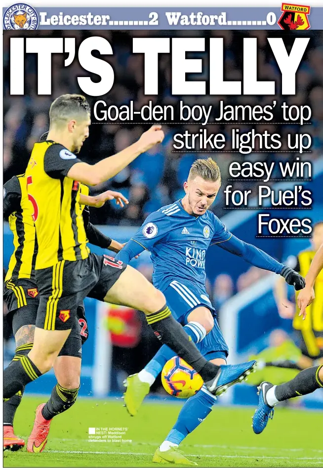  ??  ?? ■IN THE HORNETS’ NEST: Maddison shrugs off Watford defenders to blast home