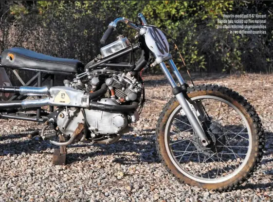  ??  ?? Heavily-modified 1947 Vincent Rapide has racked up five national pro-class hillclimb championsh­ips – in two different countries