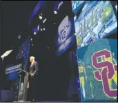  ?? Associated Press ?? Pac-12 Conference commission­er George Kliavkoff speaks at the Pac12 college football media day, Friday in Los Angeles. Kliavkoff said he wants to exude confidence in the conference after USC and UCLA announced their departures.