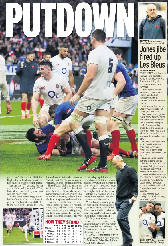  ??  ?? FRANCE – Tries: Rattez. Ollivon 2. Cons: Ntamack 3. Pen: Ntamack. ENGLAND – Tries: May 2. Cons: Farrell 2. Pen: Farrell.
GRITTY Defence coach Shaun Edwards earned win
CHIN UP Tuilagi consoles England mate Ellis Genge