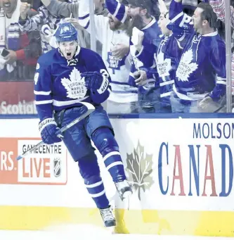  ?? NATHAN DENETTE/THE CANADIAN PRESS ?? Toronto Maple Leafs’ centre Auston Matthews celebrates after scoring against the Washington Capitals during the third period of Game 6 of their Stanley Cup hockey first-round playoff series, in Toronto on Sunday.