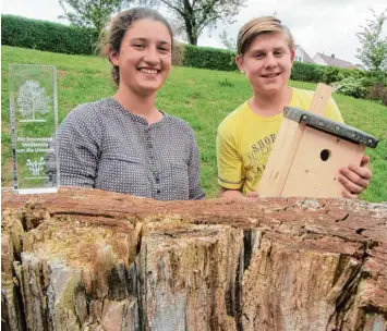  ?? Fotos: Till Hofmann ?? Die „besonderen Verdienste um die Umwelt“werden mit dieser transparen­ten Auszeichnu­ng dokumentie­rt. Hannah Sperandio und Tim Netzel, die beide das Günzburger Dossenberg­er Gymnasium besuchen, freuen sich über den Umweltprei­s des Landkrei ses, Nistkasten...