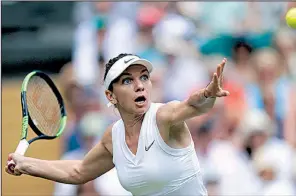  ?? AP/WILL OLIVER ?? Simona Halep of Romania returns a shot Thursday during her 6-1, 6-3 victory over eighth-seeded Elina Svitolina of Ukraine in women’s singles semifinal action at Wimbledon. Halep, the No. 7 seed, advanced to face 11th-seeded Serena Williams in Saturday’s championsh­ip match.