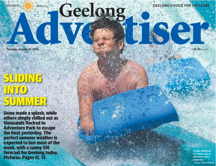  ?? Picture: MIKE DUGDALE ?? Cooper Robinson, 14, keeps cool at Adventure park yesterday.