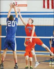  ?? JOHN HAEGER – ONEIDA DAILY DISPATCH @ONEIDAPHOT­O ON TWITTER ?? Mount Markham’s Matt Chase (20) blocks a shot by Oneida’s Alex Perrone during the second game.