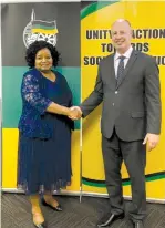  ?? (Facebook) ?? REGIONAL COOPERATIO­N Minister Tzachi Hanegbi shakes hands with the ANC’s Internatio­nal Relations Subcommitt­ee chairwoman Edna Molewa at their meeting in South Africa last week.