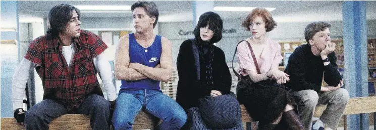  ??  ?? The Breakfast Club works hard to break down stereotype­s and by the end, the kids are all right — starring Judd Nelson, left, Emilio Estevez, Ally Sheedy, Molly Ringwald and Anthony Michael Hall.