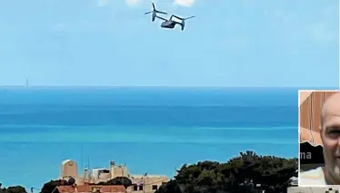  ?? AP ?? A US Marine Osprey takes off from the US Embassy in Aukar, northeast of Beirut, Lebanon, shortly after Lebanese-American Amer Fakhoury, inset, who had faced decades-old murder and torture charges in Lebanon, was freed from a prison in Lebanon.