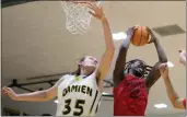  ?? KEITH BIRMINGHAM – STAFF PHOTOGRAPH­ER ?? Damien’s Nate Garcia, left, scored 29points and grabbed 18rebounds in a playoff victory over Colony on Friday.