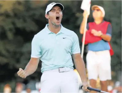  ?? PICTURE: AP ?? HOARSE VOICE: Rory McIlroy celebrates winning the season-ending Tour Championsh­ip at East Lake Golf Club in Atlanta Georgia on Sunday, beating Ryan Moore and Kevin Chappell in the playoff.