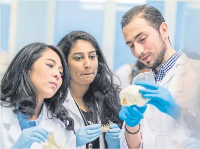  ??  ?? GIFTED: Rawad Qaq teaching fellow students Apoorva Venkatesh and Azyyati Zikir in the forensic dental lab