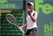  ?? ASSOCIATED PRESS ?? Sloane Stephens reacts after winning a set during play against Victoria Azarenka, of Belarus, during their semifinal match in the Miami Open tennis tournament, Thursday in Key Biscayne, Fla.