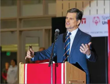  ?? PHOTO COURTESY OF SPECIAL OLYMPICS PA ?? Dr. Tim Shriver, president of Special Olympics, speaks during the pep rally at Souderton Area High School Thursday, Nov. 30.