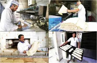  ??  ?? This combinatio­n of pictures show (top, left to right) baker Mohammad Mirzakhani, 41, making Taftoon bread; baker Mohammad Abdi, 24, cooking Lavash bread; (bottom, left to right) baker Esmail Asghari, 66, making Barbari bread and baker Hasan, 17, displaying Fantezi bread.