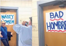  ??  ?? A Bill Clinton event in Pensacola, Florida, had Donald Trump-inspired toilet signs. At the last debate Trump referred to some immigrants as “bad hombres” and called Hillary Clinton a “nasty woman”.