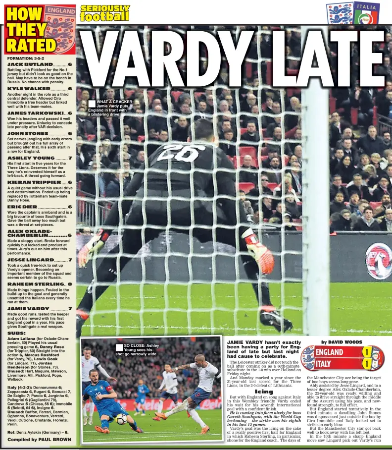  ??  ?? WHAT A CRACKER: Jamie Vardy puts England in front with a blistering drive SO CLOSE: Ashley Young sees his shot go narrowly wide