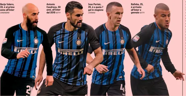  ??  ?? Borja Valero, 33, è al primo anno all’Inter CANONIERO Antonio Candreva, 30 anni, all’Inter dal 2016 GETTY Ivan Perisic, 29, è a quota 7 gol in stagione LIVERANI
Rafinha, 25, è arrivato all’Inter a gennaio GETTY