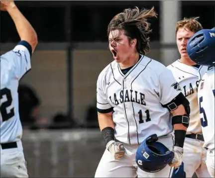  ?? MARK PALCZEWSKI — FOR DIGITAL FIRST MEDIA ?? La Salle’s Brian Schaub (11) celebrates a home run against Red Lion.