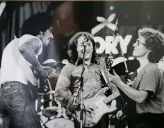  ??  ?? JAM SESSION: Phil Lynott, Rory Gallagher and Paul Brady at the Hot Press music festival at Punchestow­n in 1982