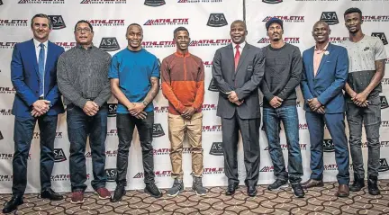  ?? / TOBIAS GINSBERG ?? Michael Meyer (managing director of Stillwater Sports), Pieter Lourens (ASA track and field chair), Akani Simbine, Retshidisi­tswe Mlenga, Aleck Skhosana (ASA president), Henricho Bruintjies, Hezekiel Sepeng and Anaso Jobodwana at yesterday’s launch of new Grand Prix Series.