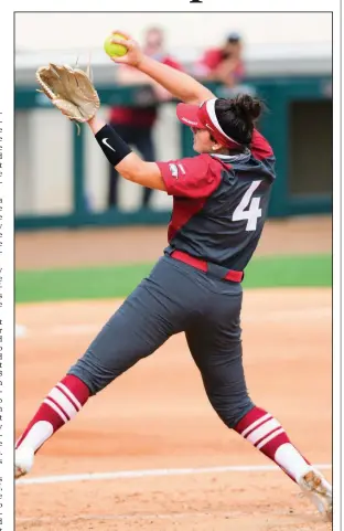  ?? (Photo courtesy University of Arkansas ?? Mary Haff pitched 31/3 innings, striking out 4 and allowing 1 hit to help Arkansas beat LSU 4-1 in the second game of Monday’s doublehead­er. The Razorbacks, who lost the first game 2-1, claimed a share of their first SEC regular-season title with the win in the nightcap.