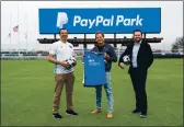  ?? SAN JOSE EARTHQUAKE­S ?? The San Jose Earthquake­s announced a 10-year partnershi­p with PayPal that includes renaming the stadium PayPal Park. San Jose Mayor Sam Liccardo (right), PayPal CEO Dan Schulman and Jared Shawless, the Quakes chief operating officer, pose on the field of the stadium.