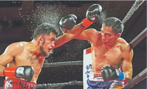  ?? TSERING CHONEY/FOR THE NEW MEXICAN ?? Albuquerqu­e’s Jose Osorio, left, and Argentina’s Roman Reynoso trade punches during an eight-round fight during the ‘Countries Collide’ fight card Saturday night at Buffalo Thunder Resort & Casino. Osorio upset the 20-2-2 Reynoso with a split decision.