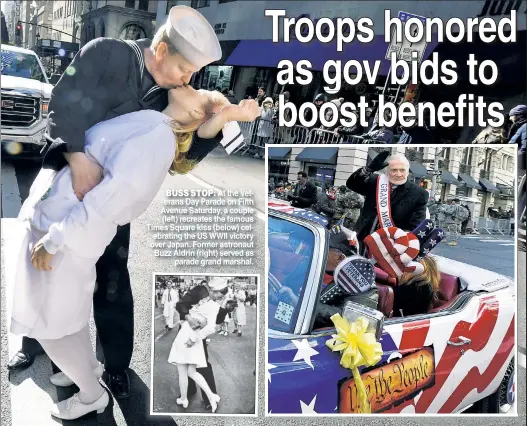  ??  ?? BUSS STOP: At the Veterans Day Parade on Fifth Avenue Saturday, a couple (left) recreates the famous Times Square kiss (below) celebratin­g the US WWII victory over Japan. Former astronaut Buzz Aldrin (right) served as parade grand marshal.