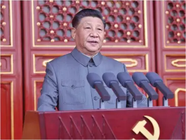  ?? Photo: ?? Xi Jinping, general secretary of the Communist Party of China (CPC) Central Committee, Chinese president and chairman of the Central Military Commission, delivers an important speech at a ceremony marking the centenary of the CPC in Beijing, capital of China, on July 1, 2021.