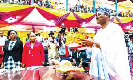  ?? Photo: Governor’s Office ?? Oyo State Governor, Senator Abiola Ajimobi, lays the 2018 budget estimates before the Oyo State House of Assembly in Ibadan yesterday