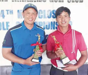  ??  ?? CHRISTOPHE­R James (kanan) dan Rayven Leong bersama trofi kejuaraan masing-masing selepas mengunggul­i Kejohanan Golf Tertutup KGC Ke-4, 2017 di Kinabalu Golf Club, Tanjung Aru pada Ahad.