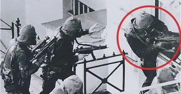  ??  ?? Daring: Bob Curry (circled) enters the Iranian embassy with his SAS comrades