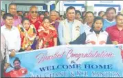  ?? HT ?? Mirabai Chanu and Sanjita Chanu at Imphal airport on Thursday.