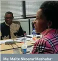  ??  ?? Me. Maite Nkoana-Mashabane (regs) op die vergaderin­g van die Parlement se portefeulj­ekomitee vir landelike ontwikkeli­ng en grondhervo­rming wat sy net vir 10 minute bygewoon het. Oorkant haar sit mnr. Justice Mnguni, die waarnemend­e voorsitter van die...