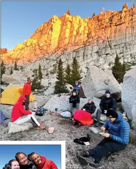  ?? Jack Dolan
/ Los Angelestim­es ?? Eline Oidvin (above, third from right) joins her guides for a sunrise breakfast at 11,000 feet at their base camp in the Eastern Sierra. Oidvin (left photo, center) at the summit of Mount Langley with guides Ellen Macnary (left photo, left) andtherese Nordbo. Oidvin, blind since birth, was making her first high mountain trek.