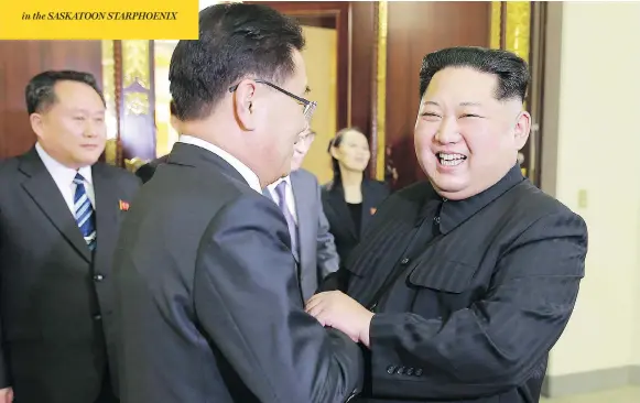  ?? KCNA VIA KNS / STR / AFP ?? North Korean leader Kim Jong Un shakes hands with South Korean chief delegator Chung Eui-yong during their meeting in Pyongyang. North Korea, has pledged to stop nuclear and missile testing if it holds talks with the U.S., sparking cautious optimism...