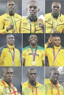  ?? – AFPPIX ?? A combinatio­n of nine pictures showing Usain Bolt posing with his gold medals on the podiums of (from bottom to top) Beijing 2008, London 2012 and Rio 2016 Olympic Games.